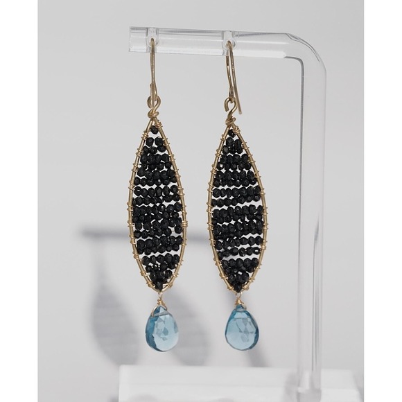 Mabel Chong Designer 14k Solid Gold Black Spinel Blue Topaz Dangle Earrings - Picture 5 of 5